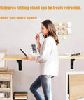 Heavy Duty 90 Degree Self Locking Folding Hinge For Wall Mount Drop Leaf Tables That Saves Serious Floor Space And Clicks Into Place Dead Simple With Rock Solid Grip, shown with a person using a retractable table.