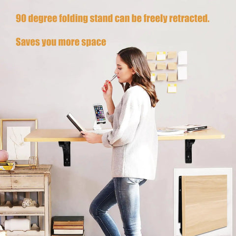 Heavy Duty 90 Degree Self Locking Folding Hinge For Wall Mount Drop Leaf Tables That Saves Serious Floor Space And Clicks Into Place Dead Simple With Rock Solid Grip, shown with a person using a retractable table.