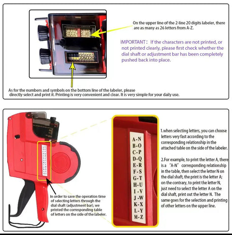 Two Line Price Tag Gun With A To Z Letters, 20 Digits Per Line, showing alphabet and number dials, red design, labeler parts visible.