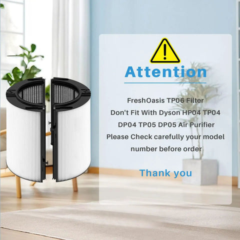 2023 360 Degree Glass HEPA Plus Carbon Air Purifier Filter with note on Dyson compatibility restrictions, in room setting.