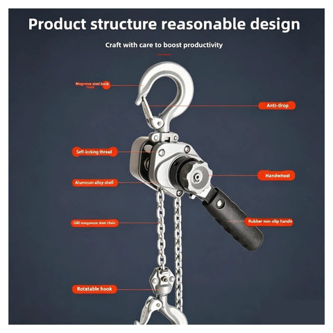 Compact Aluminum Alloy Wrench Hoist That Crushes Heavy Loads With Ease Includes 3 Meter Cable showing design features and components.