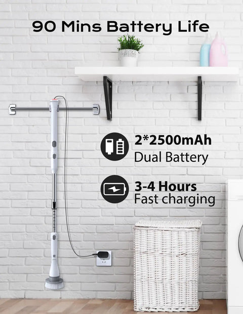 Cordless Electric Spin Scrubber With Dual Speed Settings, Extendable Arm, and four replaceable heads, charging on wall