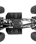 Bottom view of RC vehicle showing 313mm Wheelbase Stainless Steel Rod End Linkage for Axial SCX10 II with heavy-duty suspension.