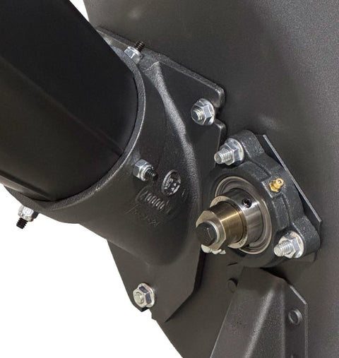 Powerful 1.5 HP Corded Electric Wood Chipper close-up of sturdy metal motor assembly and attachment bolts for durability