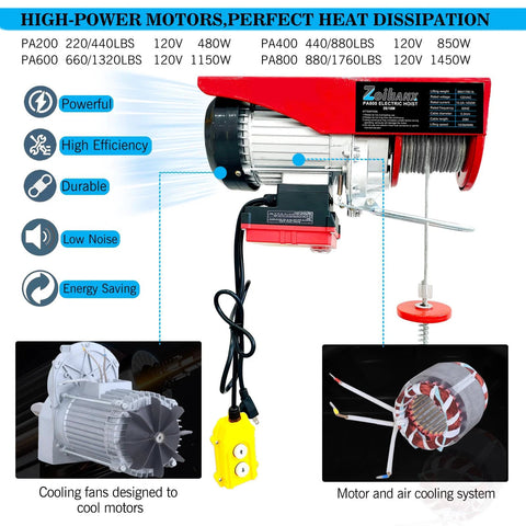 1760 lb electric hoist, red, wireless/wired remote, steel lifting rope, front view