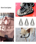 Top Shelf 100 Pair Cone Spike Screwback Studs For Dope Punk Leather Crafting And Sweet Diy Metal Jewelry Projects Clean Hardware Rivets with silver cone spikes showcased on a pink vest, shoes, and three studs.