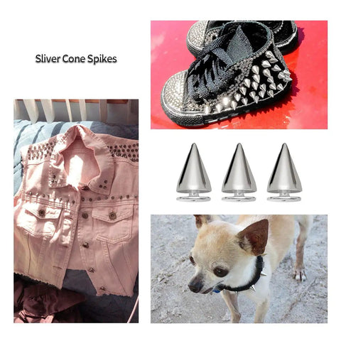 Top Shelf 100 Pair Cone Spike Screwback Studs For Dope Punk Leather Crafting And Sweet Diy Metal Jewelry Projects Clean Hardware Rivets with silver cone spikes showcased on a pink vest, shoes, and three studs.