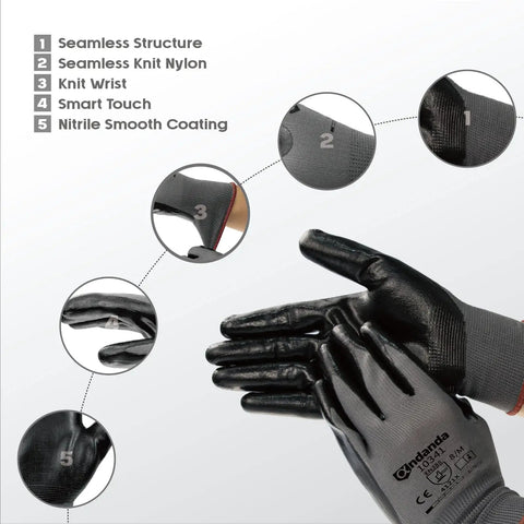 Smart Touch Work Gloves With Nitrile Grip Palm, 60 Pairs, 3D Comfort Stretch Fit, ambidextrous seamless knit nylon design details
