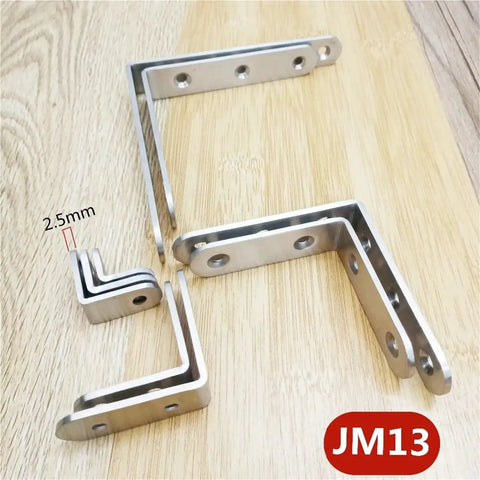 10 Pack 3mm Stainless Steel Corner Brace Brackets Heavy Duty L Shaped Angle Supports With Satin Finish on wood surface.