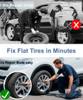 Fast Fix Tire Plug Kit With 61 Screw In Plugs And Screwdriver For Cars, Motorcycles, Trucks, And Farm Equipment Self Service Tire Repair In Seconds No Jack Needed No Glue Required used for DIY tire repair shown in action, man fixing car tire.