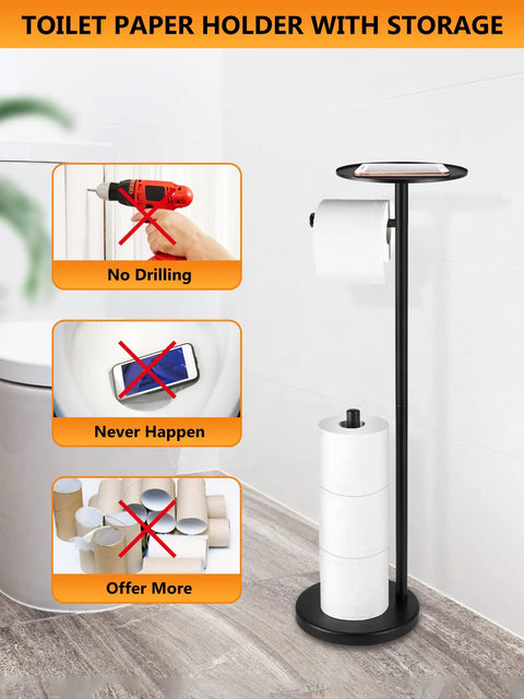 Free Standing Black Toilet Paper Holder Stand With Phone Shelf And Built In Storage, Rustproof Stainless Steel, 4 Roll Capacity