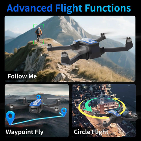 4K GPS Drone With Camera For Adults, 5G WiFi FPV, demonstrating advanced flight functions including Follow Me, Waypoint, Circle Flight.