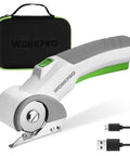 WorkPro Cordless Electric Scissors Rechargeable Power Rotary Cutter with gray handle and USB cable for fabric and metal cutting.