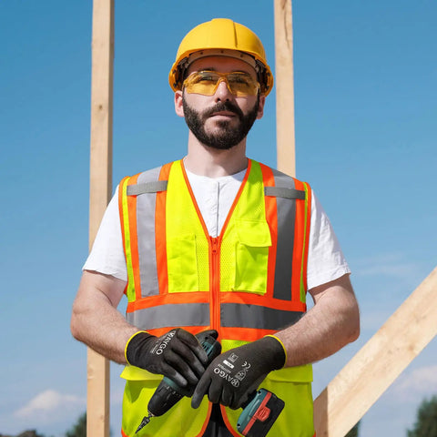 High Visibility Safety Vest With Pockets For Construction Pros ANSI Class 2 Type R Reflective Vest worn by worker