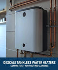 Tankless Water Heater Descaler Pump Kit with stainless steel hoses for routine cleaning, wall-mounted unit and pipes.