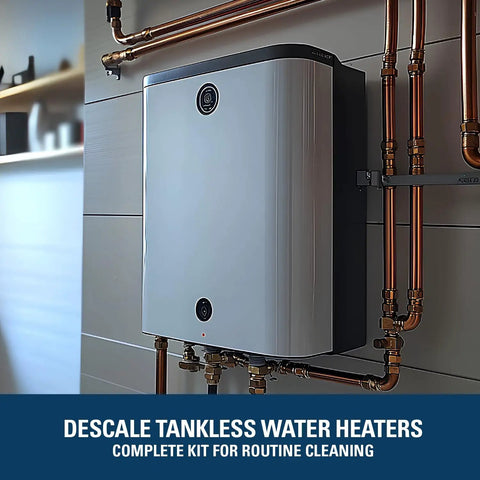 Tankless Water Heater Descaler Pump Kit with stainless steel hoses for routine cleaning, wall-mounted unit and pipes.
