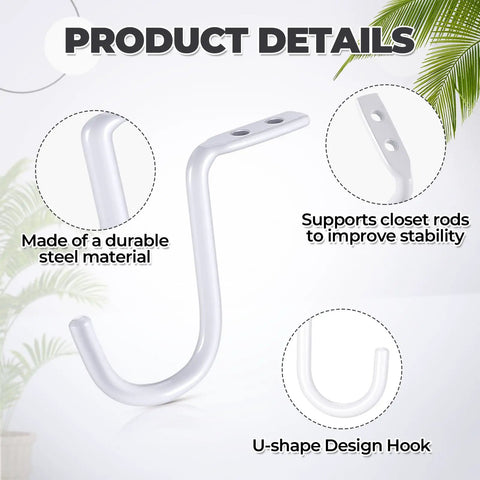 Heavy Duty Closet Rod Center Supports Four Piece Rock Solid Premium Wall Mount Steel Brackets Zero Sag Guarantee Beefy Build Top shelf wardrobe storage hardware white U-shape hook made of durable steel