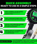 Rhino USA digital tire pressure gauge with inflator, front view; green display, brass fittings, stainless braided hose