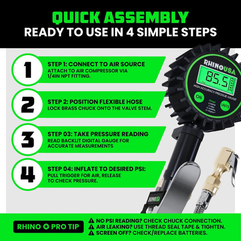 Rhino USA digital tire pressure gauge with inflator, front view; green display, brass fittings, stainless braided hose