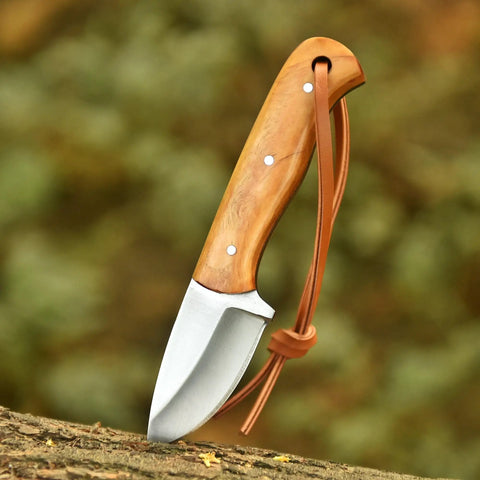 Five Point Five Inch Handmade Hunting Skinning Knife With Two Inch D2 Steel Fixed Blade And Three Point Five Inch Olive Wood Handle Premium Leather Sheath With Lanyard Hole EDC Bushcraft Camping And Survival Tasks