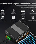 Industrial Din Rail 8 Port Poe Gigabit Ethernet Switch with metal case and gigabit ports for reliable network solutions.