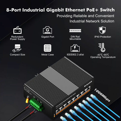 Industrial Din Rail 8 Port Poe Gigabit Ethernet Switch with metal case and gigabit ports for reliable network solutions.