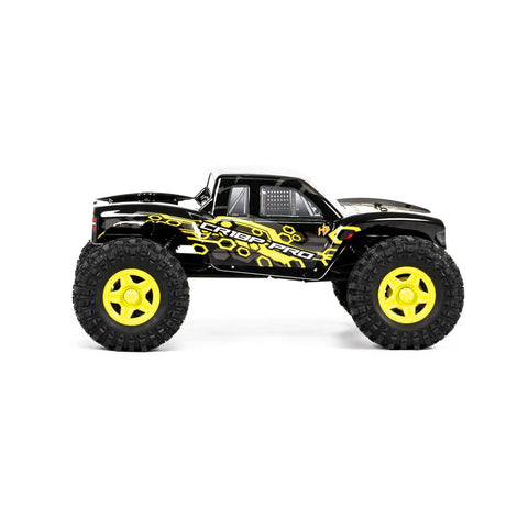 Juice Up Four By Four One Eighteen Scale RC Crawler Pro Brushless Power System Ready For Off Road Action, side view in yellow.