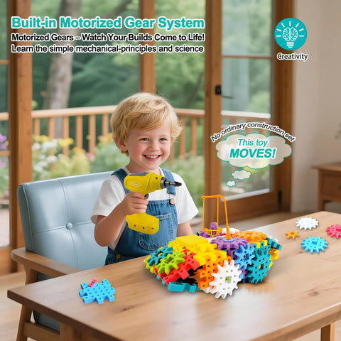 Child playing with STEM Gear Building Toys Set With 248 Pieces And Electric Drill at table, colorful gears visible