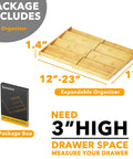No Sweat Adjustable Bamboo Spice Drawer Organizer Expands To Fit Any Kitchen Cabinet Slot showing 1.4" height and expandable size.