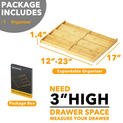 No Sweat Adjustable Bamboo Spice Drawer Organizer Expands To Fit Any Kitchen Cabinet Slot showing 1.4" height and expandable size.