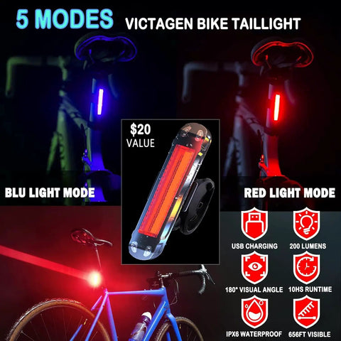 Beast Mode 8000 Lumen Bike Lights For Night Riding With 3 LED Front Lights, red and blue taillight modes displayed