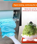 Commercial Snowflake Ice Machine Making Two Seventy Five Pounds Daily Automatic Shaved Ice Maker With Quick Chill Air Cooling And Dual Food Safe Buckets, dispensing blue snow ice.
