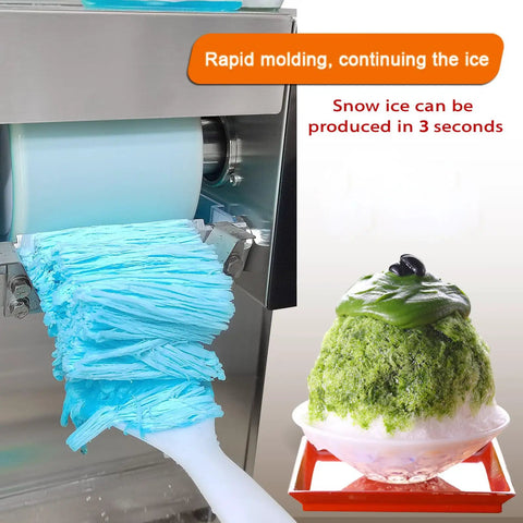 Commercial Snowflake Ice Machine Making Two Seventy Five Pounds Daily Automatic Shaved Ice Maker With Quick Chill Air Cooling And Dual Food Safe Buckets, dispensing blue snow ice.