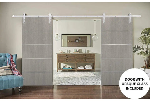 Sliding Double Barn Doors With Hardware In Grey Oak 84 By 96 Inches Modern Solid Panel Interior Door Set in living room