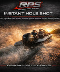 Fishing boat accelerating on water at sunset with Reliable Part Systems logo and "Instant Hole Shot" text above.