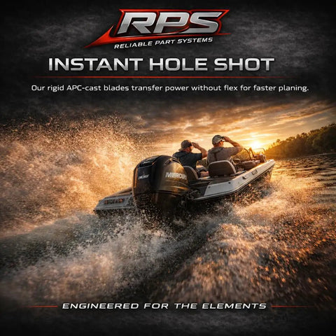 Fishing boat accelerating on water at sunset with Reliable Part Systems logo and "Instant Hole Shot" text above.