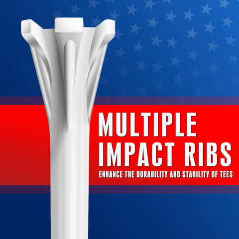 Close-up of white five prong plastic golf tee with star and stripe marking system featuring multiple impact ribs.