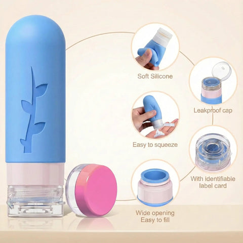 Carry On Ready Travel Bottles Kit 16 Pack TSA Approved Leak Proof Silicone Squeezable Containers, blue bottle with features.