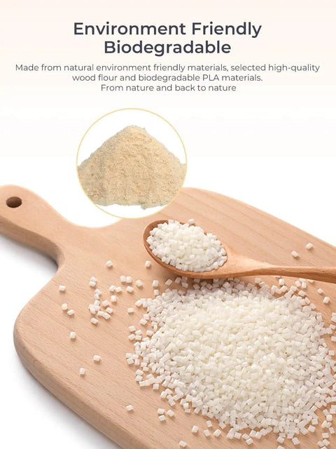 Eco-friendly biodegradable wood flour and PLA materials on a wooden board, showcasing natural ingredients for PLA-based products.