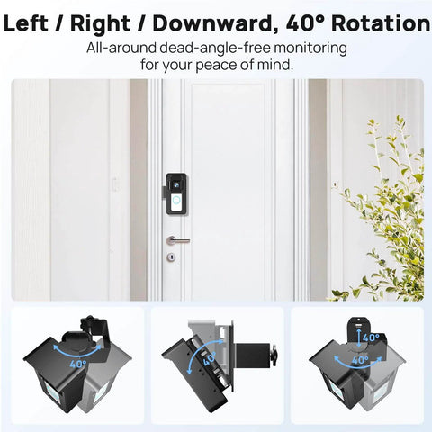 No Drill Doorbell Mount For Ring And Blink Cameras With Three Way Adjustment Lets You Aim Left Right And Down Up To 40 Degrees For A Crystal Clear View Of Packages And Home Security In Any Home Or Apartment Black, showing three-way tilt mechanism.