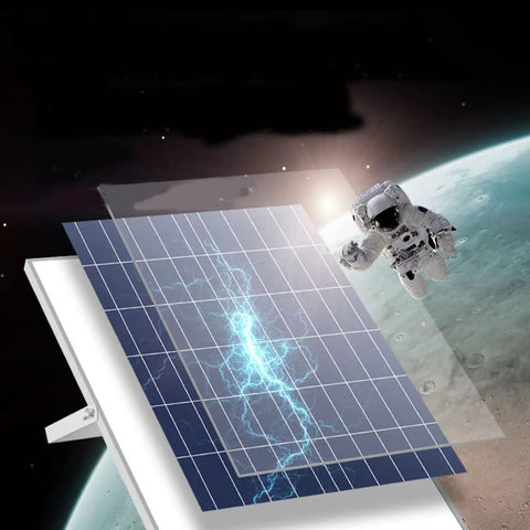 JUDYSSY Solar Remote Control Reflector Led Street Lamp,25W with solar panel in space and astronaut background.