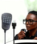 Person using Beefy Handheld Mic With Button For Yaesu Dual Band Mobile Radios, 6-Pin Plug-In Speaker Microphone With PTT