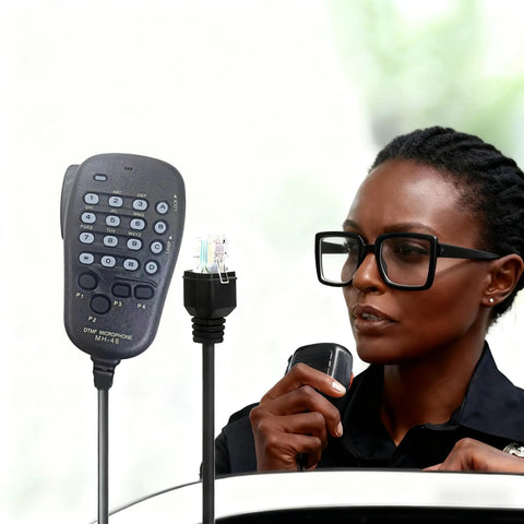 Person using Beefy Handheld Mic With Button For Yaesu Dual Band Mobile Radios, 6-Pin Plug-In Speaker Microphone With PTT