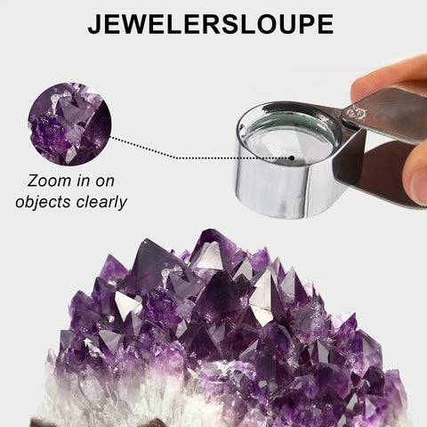 Person using jewelers loupe from Rock Hounding Kit With 22 Oz Hammer And 3 Chisels Set Dope Musette Bag Jeweler Loupe And Gloves