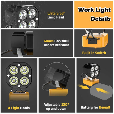 6000 Lumens Cordless LED Work Light With 40W Power And 120 Degree Adjustable Head Low Voltage Protection Compatible With 20V Batteries Built For Garage Car Repair Workshop Outdoor Projects And Emergency Prep Pro Grade