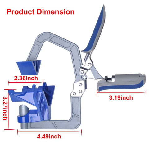 90 Degree Corner Clamp Set For Woodworking, Right Angle Jig For 90 Degree Corners And T Joints with dimensions labeled