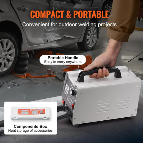 Hand holding Stud Welder Dent Repair Kit With 110V Auto Body Spot Welding Dent Puller and portable handle.
