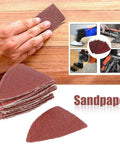 Stacked finger sanding sheets kit for oscillating multitools with five grade sandpaper and triangle pad for detail work.