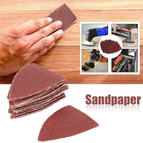 Stacked finger sanding sheets kit for oscillating multitools with five grade sandpaper and triangle pad for detail work.