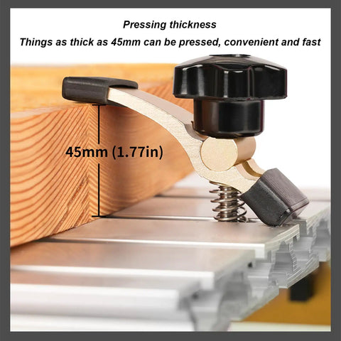 Commercial Grade Aluminum Router Clamping Kit Engineered With Robust T Slot Guides, pressing 45mm thick wood securely.